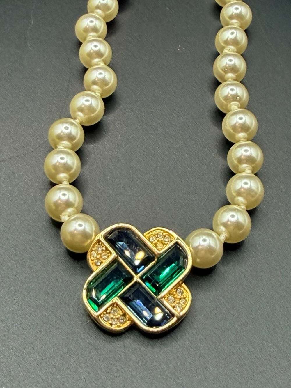 Vintage Swarovski Faux Pearl Necklace with Blue and Green Crystal Pendant